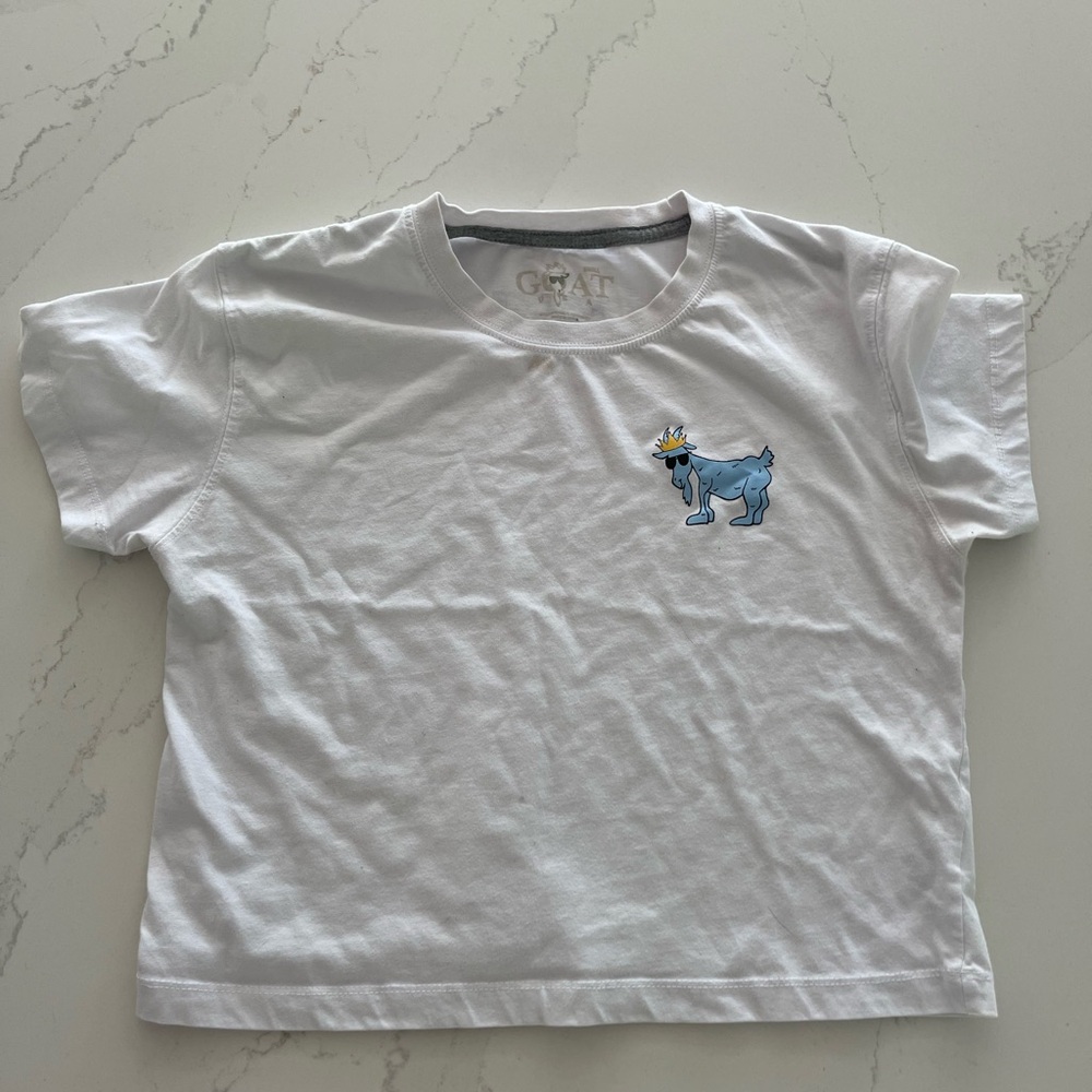 GOAT White Short Sleeve Tee with Blue Butterfly Design